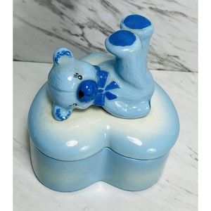 Vintage Blue Pottery heart shape with bear jewelry box